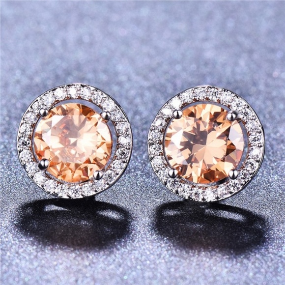 Elegant Round Cut Champagne Topaz Stud Earrings - Picture 3 of 4